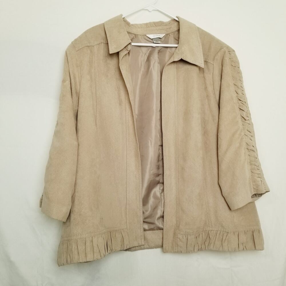 CJ Banks Women's Tan Washable Suede Open Jacket Gathered Hem Down Sleeves Sz 3X